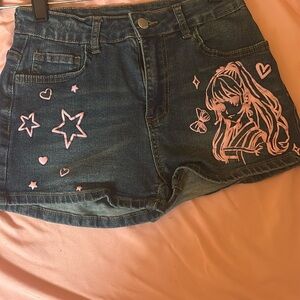 Stylish Denim Anime Shorts with Pink Accents